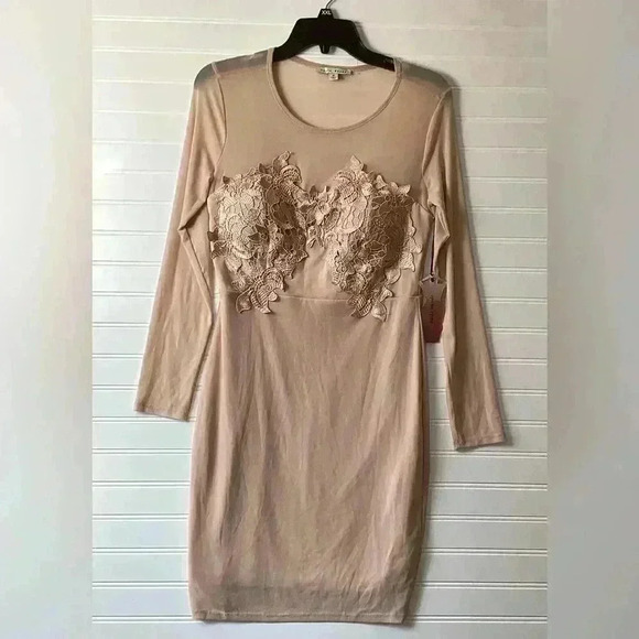 Haute Monde NWT Taupe Sheer Mesh Bodycon Mini Dress Size Medium - Picture 1 of 8